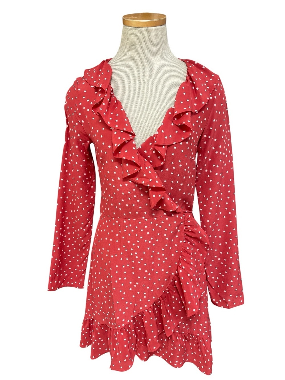 Realisation Par Mini Dress Red Star Print Ruffle Wrap Silk XS